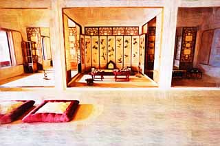 illust, materiale, libero panorama, ritratto dipinto, matita di colore disegna a pastello, disegnando,La stanza di Kyng-bokkung, tavola in basso cenando, Stoviglie, schermo, cuscino