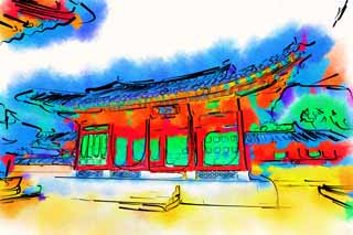 illustration,material,free,landscape,picture,painting,color pencil,crayon,drawing,A temple of Kyng-bokkung, wooden building, world heritage, Confucianism, Many parcels style