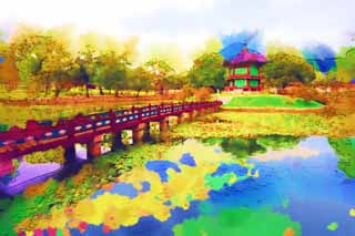 illustration,material,free,landscape,picture,painting,color pencil,crayon,drawing,Hyangwonjeong of Kyng-bokkung, wooden building, world heritage, An arbor, Suiko Bridge
