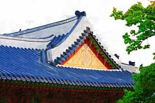 Illust, materieel, vrij, landschap, schilderstuk, schilderstuk, kleuren potlood, crayon, werkje,Een dak van Kyng-bokkung, Van hout gebouw, Wereld heritage, Confucianism, Vele trant kavelt