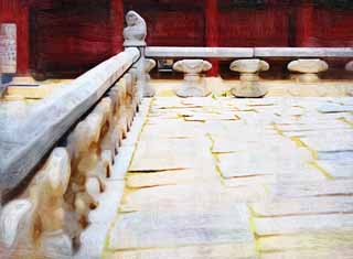 illustration,material,free,landscape,picture,painting,color pencil,crayon,drawing,A fence of Kunjongjon, stone statue, world heritage, Confucianism, sculpture