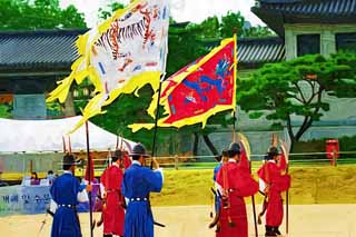 illust, matire, libre, paysage, image, le tableau, crayon de la couleur, colorie, en tirant,Les gardes royaux traditionnels, la porte a construit entre la porte principale et la maison principale de l'architecture palais-appele dans la priode Fujiwara, Costume folklorique, Les gardes royaux traditionnels, btiment en bois