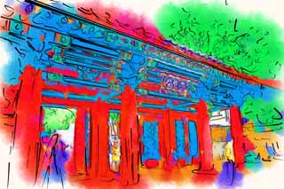 Illust, materieel, vrij, landschap, schilderstuk, schilderstuk, kleuren potlood, crayon, werkje,Tapgol Parkeren, Een oase, De poort, De geschiedenis, Ruime Korea imperium