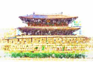 illustration,material,free,landscape,picture,painting,color pencil,crayon,drawing,Dongdaemun, Jongnoarea, Heunginjimun, Tokyo University gate market, Dongdaemun-sijang