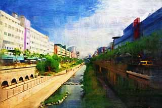 illust, material, livram, paisagem, quadro, pintura, lpis de cor, creiom, puxando,Rio de crrego Cristalino, Rio de crrego Cristalino, construindo, cidade, orla