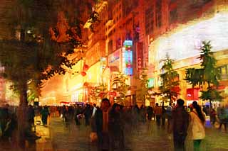 illust, materiell, befreit, Landschaft, Bild, Gemlde, Farbbleistift, Wachsmalstift, Zeichnung,,Wangfujing-Strae in den Abend, Neon, Chinesisch, Verkehr, Baum an der Strae