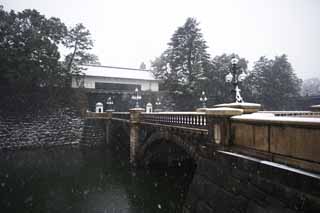 Foto, materieel, vrij, landschap, schilderstuk, bevoorraden foto,Sneeuw dubbele brug, Moat, Paleis, Imperiale Lijfwacht, Snowfall