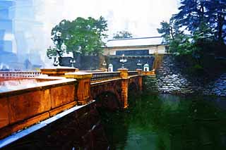 illustration,material,free,landscape,picture,painting,color pencil,crayon,drawing,Snow Double Bridge, Moat, Palace, Imperial Guard, Snowfall