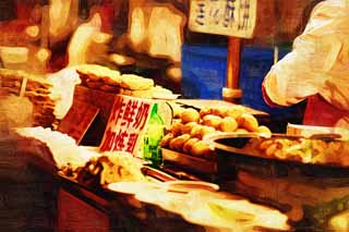 illustration,material,free,landscape,picture,painting,color pencil,crayon,drawing,Yasushi Azuma Gate Street stalls, Stalls, Food, Food culture, Merchants