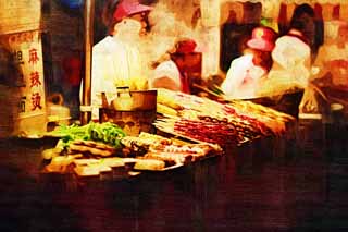 illust, material, livram, paisagem, quadro, pintura, lpis de cor, creiom, puxando,Yasushi Azuma porto rua baias, Baias, Comida, Cultura de comida, Comerciantes