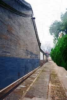 illustration,material,free,landscape,picture,painting,color pencil,crayon,drawing,Summer Palace in the alley, Japanese cedar, Outer wall, Komichi, Cobblestone