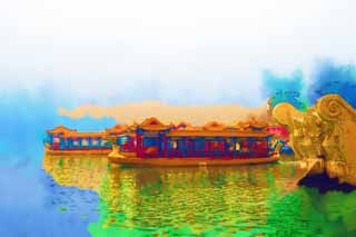 illustration,material,free,landscape,picture,painting,color pencil,crayon,drawing,The Summer Palace houseboat, Ship, Sightseeing boat, Dragon, Excursion Ship