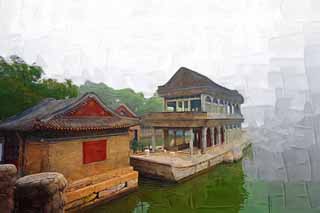 illust, materiell, befreit, Landschaft, Bild, Gemlde, Farbbleistift, Wachsmalstift, Zeichnung,,Sommerpalast der Qing-Yan Fang, Schiff, Kniglich, Das Bauen von Wasser, 