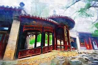 illust, materiale, libero panorama, ritratto dipinto, matita di colore disegna a pastello, disegnando,Palazzo corridoio estate, Decorazione, Liang, Pergola, Green