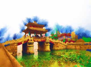 Illust, materieel, vrij, landschap, schilderstuk, schilderstuk, kleuren potlood, crayon, werkje,De Summer Palace Bridge, Stenige trap, Trap, Ishibashi, 