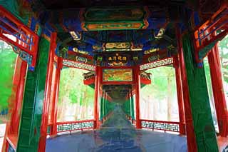 Illust, materieel, vrij, landschap, schilderstuk, schilderstuk, kleuren potlood, crayon, werkje,Summer Palace lange corridor, Decoratie, Liang, Inkt Schilderstukken, Groen