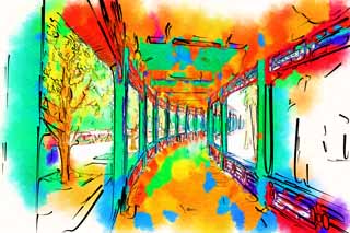 illustration,material,free,landscape,picture,painting,color pencil,crayon,drawing,Summer Palace long corridor, Decoration, Liang, Ink Paintings, Green