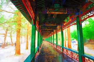 Illust, materieel, vrij, landschap, schilderstuk, schilderstuk, kleuren potlood, crayon, werkje,Summer Palace lange corridor, Decoratie, Liang, Inkt Schilderstukken, Groen