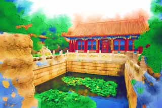 illustration,material,free,landscape,picture,painting,color pencil,crayon,drawing,Summer Palace drainage pond builders cloud, Decoration, Ishibashi, Zhu coating, Mizuhashi Kon