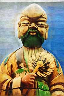 illustration,material,free,landscape,picture,painting,color pencil,crayon,drawing,Ceramic figures, Fan, Beard, Tang tricolored glazed, Male