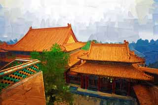 illustration,material,free,landscape,picture,painting,color pencil,crayon,drawing,Summer Palace cloud of exhaust buttocks, Roof, Tile, Architecture, World Heritage