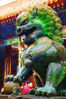 illustration,material,free,landscape,picture,painting,color pencil,crayon,drawing,Summer Palace cloud of exhaust builders foo, Decoration, Bronze, Bronze statue, Lion