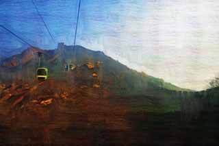 illust, material, livram, paisagem, quadro, pintura, lpis de cor, creiom, puxando,Grande Muralha da China ropeway, Ropeway, Grande parede, Cliff, Paredes