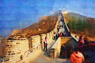 illust, matire, libre, paysage, image, le tableau, crayon de la couleur, colorie, en tirant,Grande Muraille, Murs, Chteau Lou, Xiongnu, Empereur Guangwu de Han