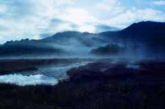 fotografia, materiale, libero il panorama, dipinga, fotografia di scorta,Accappatoio blu e pallido, stagno, albero, montagna, nebbia