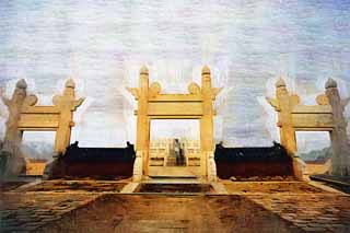 illust, materiell, befreit, Landschaft, Bild, Gemlde, Farbbleistift, Wachsmalstift, Zeichnung,,Temple of Heaven's Gate, Tor, Hiroshi Kostbarkeit 95, , 