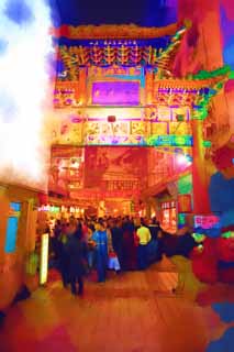 illust, materiale, libero panorama, ritratto dipinto, matita di colore disegna a pastello, disegnando,Wangfujing Street spuntini, Cancello, Confusione, Ristoranti, Traffico