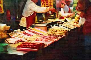 illustration,material,free,landscape,picture,painting,color pencil,crayon,drawing,Yasushi Azuma Gate Street stalls, Stalls, Food, Food culture, Merchants