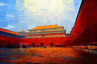 illustration,material,free,landscape,picture,painting,color pencil,crayon,drawing,Horse Gate Forbidden City, Zhu coating, Front gate, Red wall, Cards