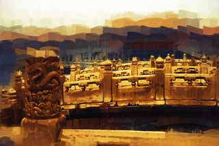 illustration,material,free,landscape,picture,painting,color pencil,crayon,drawing,Forbidden City Mizuhashi Kon, River Water, Arch Bridge, Ishibashi, Long