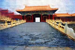 illustration,material,free,landscape,picture,painting,color pencil,crayon,drawing,Samon in the Forbidden City, The wooden building, , Palace, Aisle