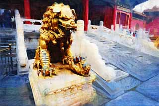 illust, materiell, befreit, Landschaft, Bild, Gemlde, Farbbleistift, Wachsmalstift, Zeichnung,,Forbidden City Gold lackiert Bronze Lwen-Statuen, Lwe, Weiblich, Palast, Wiege