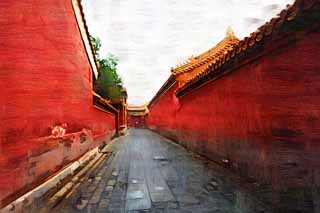 illust, materiell, befreit, Landschaft, Bild, Gemlde, Farbbleistift, Wachsmalstift, Zeichnung,,Forbidden City Passage, Zhu-berzug, Mauer, Kopfstein, Welterbe