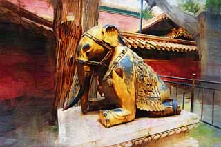 illust, materiell, befreit, Landschaft, Bild, Gemlde, Farbbleistift, Wachsmalstift, Zeichnung,,Miyano Bild des verstorbenen, Elefant, Hunde-, Gold, Welterbe