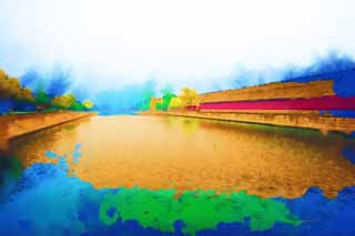 Illust, materieel, vrij, landschap, schilderstuk, schilderstuk, kleuren potlood, crayon, werkje,Verboden Stad kind vat River, Kasteel, Defensie, Muren, Muur
