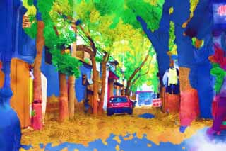 illust, matire, libre, paysage, image, le tableau, crayon de la couleur, colorie, en tirant,Les rues de Beijing, Automobile, Maison prive, Feuilles baisses, Travailler