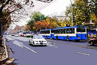 illust, material, livram, paisagem, quadro, pintura, lpis de cor, creiom, puxando,Pequim da rua principal, Motorcoach, Dirija nibus, Trem de no-grade, Trfico