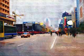 illustration,material,free,landscape,picture,painting,color pencil,crayon,drawing,Wangfujing street, Taxi, Chinese, Traffic, Bike path