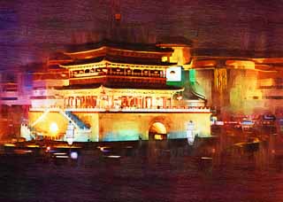 illustration,material,free,landscape,picture,painting,color pencil,crayon,drawing,Bell Tower, Chang'an, , Brick, Light-up