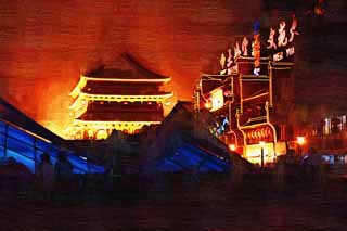 illust, matire, libre, paysage, image, le tableau, crayon de la couleur, colorie, en tirant,Drum Tower  Xi'an, Tour du tambour, Chang'an, Histoire, Guide