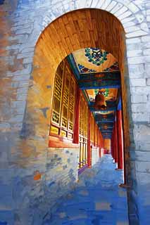 illustration,material,free,landscape,picture,painting,color pencil,crayon,drawing,Corridor in Temple of Great Mercy and Goodness, Bell, Full color, Arch, The window