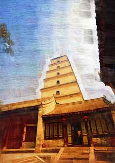 illustration,material,free,landscape,picture,painting,color pencil,crayon,drawing,Kari large tower, Go GANTOU, Empress Fuminori, Sanskrit scriptures, Journey To The West