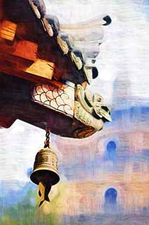 illustration,material,free,landscape,picture,painting,color pencil,crayon,drawing,Roof ornament in Temple of Great Mercy and Goodness, Buddhism, Tile, Bell, Journey To The West