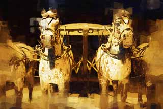 Illust, materieel, vrij, landschap, schilderstuk, schilderstuk, kleuren potlood, crayon, werkje,Brons Chariot en Paarden in Mausoleum van de eerste keizer Qin, Paard-gehoosde smeris, Oeroud volk, Groeve, Wereld Heritage