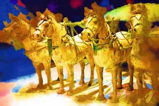 illust, matire, libre, paysage, image, le tableau, crayon de la couleur, colorie, en tirant,Chariot de bronze et des chevaux dans Mausole du premier empereur Qin, Cuivre tir par un cheval, Gens anciens, Tombe, Hritage Mondial