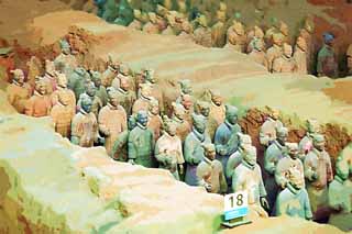 illust, matire, libre, paysage, image, le tableau, crayon de la couleur, colorie, en tirant,Terracotta Warriors dans des fosses no.1, Guerriers de la terre cuite, Gens anciens, Tombe, Hritage Mondial